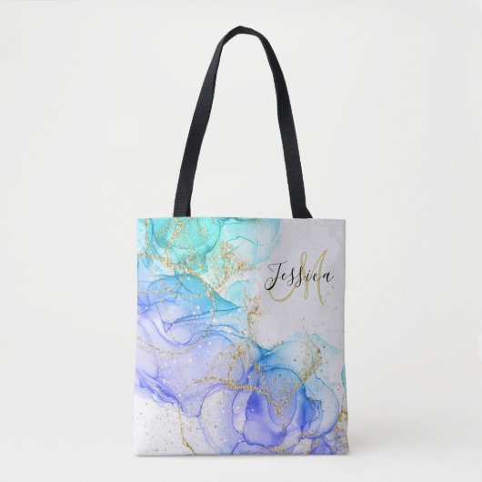 Tote Bag Encre et nom d'alcool turquoise et or (Devant)