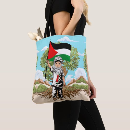 Tote Bag Enfant avec Keffiyeh Palestine Drapeau et olivier (De près)