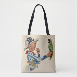 Tote Bag Enfant vintage, Garçon Jouant Pirate Parrot Bird