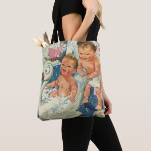 Tote Bag Enfants vintage jouant avec des bulles dans une ba