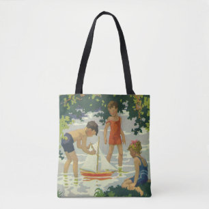 Tote Bag Enfants vintage jouant avec des voiliers jouets su