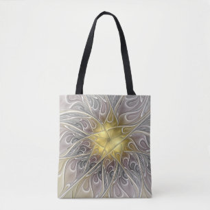 Tote Bag Épanouir avec fleur fractale abstraite moderne dor