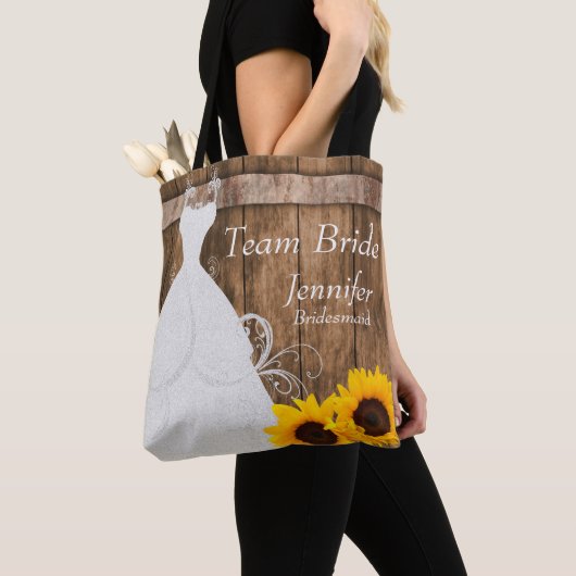 Tote Bag Équipe Mariée En Style Tournesol Rustique En Bois (De près)