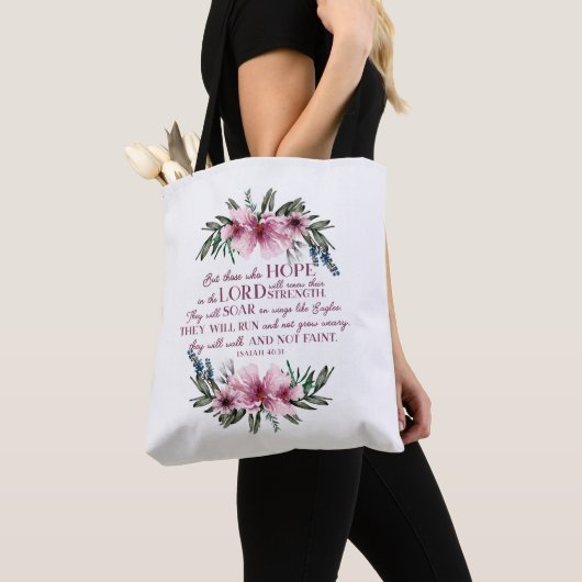 Tote Bag Ésaïe 40 Verset biblique aux fleurs roses (De près)