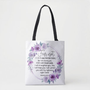Tote Bag Esaïe 41:10 Crainte non violet Écriture florale