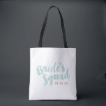 Tote Bag Escouade de mariée de Mint Coutes de mariée person<br><div class="desc">Sacs fourre-tout de fête de mariée personnalisés avec le graphique "Bride's Squad" dans un script de brosse élégant. Personnalisez-le avec votre date de mariage, hashtag mariage, noms ou autre texte personnalisé. Pneuka mignonne imprimé à l'envers. Un cadeau parfait pour la mariée, les demoiselles d'honneur et la fête de mariage !...</div>