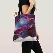 Tote Bag Espace bleu et violet et étoiles avec ruban or (De près)