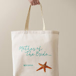 Tote Bag Estarfish de plage mère mariage de la mariée<br><div class="desc">Starfish mère de la mariée mer / plage / destination sac fourre-tout de mariage avec script de calligraphie bleu aqua et texte modifiable. Personnalisez-le avec le nom de sa mère.</div>