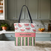 Tote Bag Été Amusement Pink Green Watermelon rayures Monogr