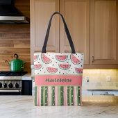 Tote Bag Été Amusement Pink Green Watermelon rayures Monogr