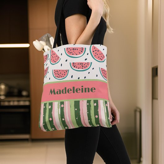 Tote Bag Été Amusement Pink Green Watermelon rayures Monogr
