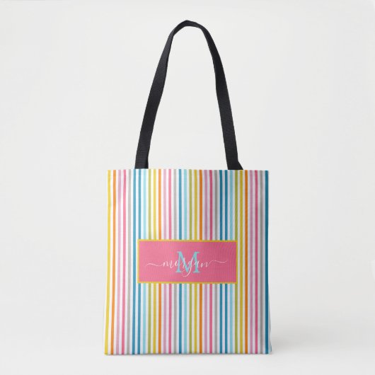 Tote Bag Été Arc en ciel rayures Monogramme Script (Devant)
