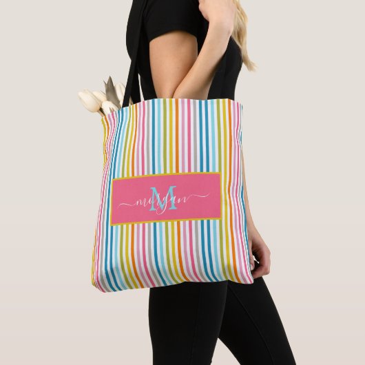 Tote Bag Été Arc en ciel rayures Monogramme Script (De près)