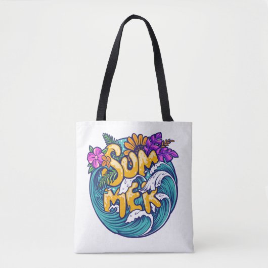 Tote Bag Été Fleurs tropicales Plage Vagues océaniques (Devant)