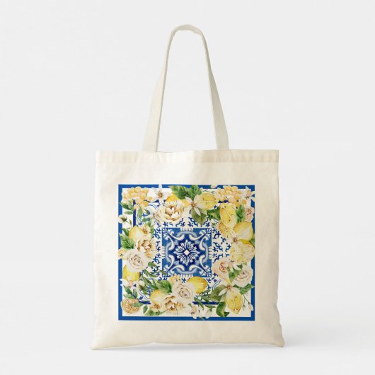 Tote Bag Été Méditerrannée citron et fleurs imprimés (Dos)