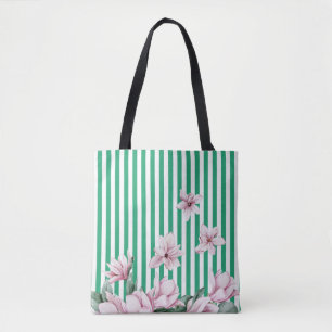 Tote Bag Été, printemps, imprimé magnolia rayé vert