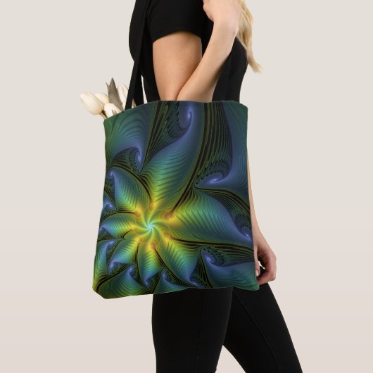 Tote Bag Etoile Abstraite, Bleu brillant Vert Or Fractal Ar (De près)