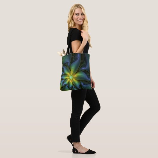 Tote Bag Etoile Abstraite, Bleu brillant Vert Or Fractal Ar (Sur le modèle)