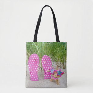 Tote Bag étoiles de mer et tongs dans le sable