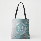 Tote Bag Étoiles d'or chatoyantes sur Monogramme Turquoise (Devant)