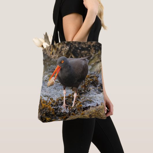 Tote Bag Etonnant Oystercatcher noir avec Clam (De près)