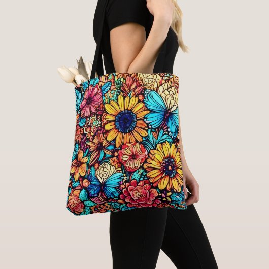 Tote Bag Explosion florale vibrante par Doodle (De près)