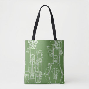 Tote Bag FAB DESSIN MÉCANIQUE BLUEPRINT vert BLANC