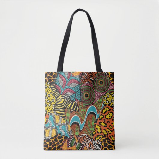 Tote Bag Fabric africain : Patchwork d'animaux sauvages. (Devant)