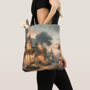 Tote Bag Fairytale Cottage au coucher du soleil avec Rose