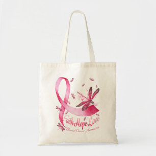 Tote Bag Faith Hope Love Dragonfly Pink Ribbon Breast