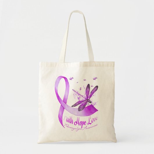 Tote Bag Faith Hope Love Dragonfly Purple Ribbon Fibromyalg (Devant)