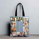 Tote Bag Famille 10 Photo Collage Dusty Blue<br><div class="desc">Un sac fourre-tout bleu poussiéreux pour célébrer votre famille,  vos amis,  vos animaux de compagnie,  etc.,  avec un collage photo de 10 et "LOVE" est écrit au milieu dans une élégante typographie blanche.</div>