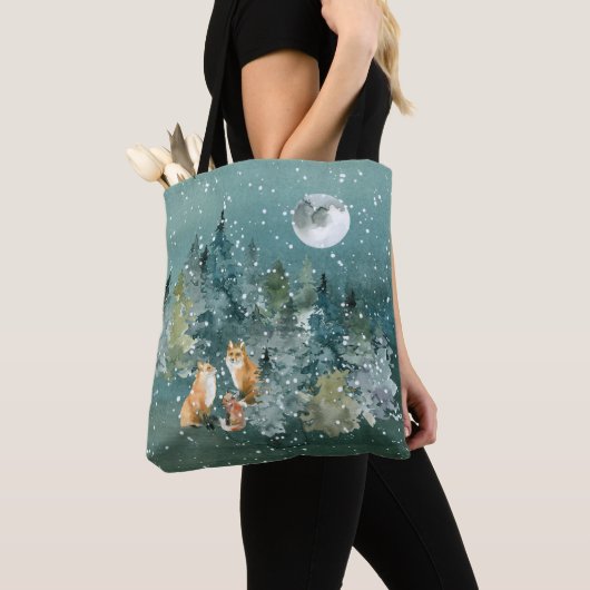 Tote Bag Famille Fox en forêt Pleine lune neige (De près)