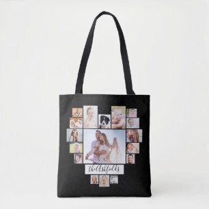 Tote Bag Famille Photo Coeurs Collage 34 Photos Nom Black