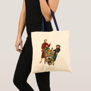 Tote Bag Famille Rétro, Maman et Enfants Chariot de Courses