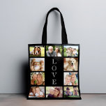 Tote Bag Family Love 10 Photo Collage noir<br><div class="desc">Un collage photo sac fourre-tout noir pour célébrer votre famille,  amis,  animaux domestiques,  etc. Personnalisez avec dix photos. "LOVE" est écrit au milieu dans une élégante typographie blanche.</div>