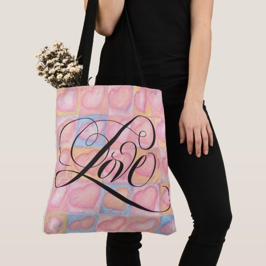 Tote Bag Fancy LOVE Calligraphie Script Lettrer Coeur rose (De près)