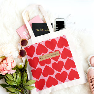 Tote Bag Fancy Romantique Rouge & Coeurs Rose Motif Avec No