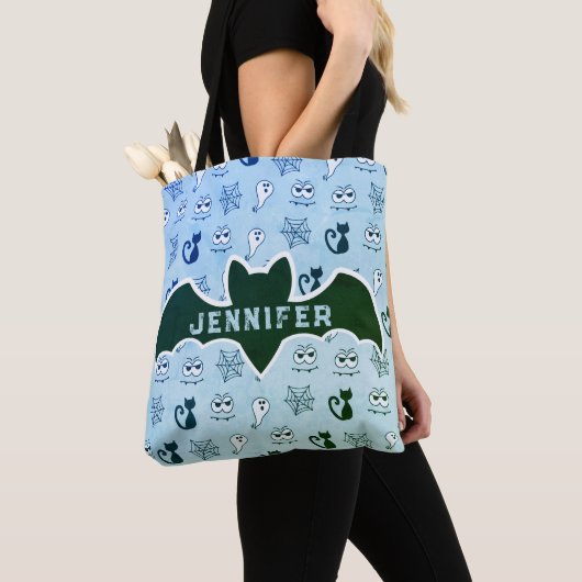 Tote Bag Fantôme, toiles d'araignées et chats noirs bleu (De près)