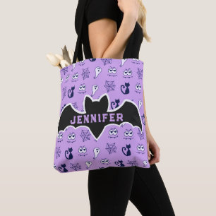 Tote Bag Fantôme, toiles d'araignées et chats noirs violet