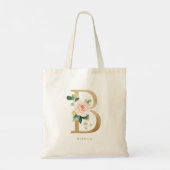 Tote Bag Faux Gold Foil Floral Letter B Monogram Bridesmaid (Dos)