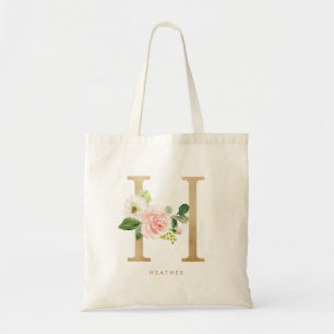 Tote Bag Faux Gold Foil Floral Letter H Monogram Bridesmaid