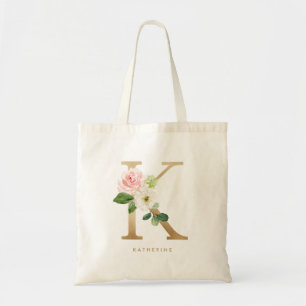 Tote Bag Faux Gold Foil Floral Letter K Monogram Bridesmaid