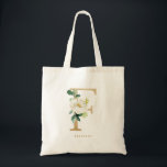 Tote Bag Faux Gold Foil Floral Lettre F Monogramme Bridesma<br><div class="desc">Sac fourre-tout floral féminin et élégant avec des illustrations d'aquarelle de fleurs blanches,  de verdure et de fausse feuille lettre F monogramme. Personnalisez en ajoutant un nom ou une courte phrase. Ce sac de toile florale F monogramme sera parfait comme cadeau personnalisé.</div>