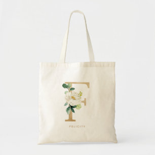 Tote Bag Faux Gold Foil Floral Lettre F Monogramme Bridesma