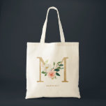 Tote Bag Faux Gold Foil Floral Lettre M Monogram Bridesmaid<br><div class="desc">Sac fourre-tout floral féminin et élégant avec des illustrations d'aquarelle de fleurs,  de verdure et de faux monogramme de feuille. Personnalisez en ajoutant un nom ou une courte phrase. Ce sac en toile florale M monogramme sera parfait comme cadeau personnalisé.</div>