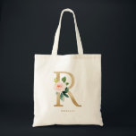 Tote Bag Faux Gold Foil Floral Lettre R Monogramme Bridesma<br><div class="desc">Sac fourre-tout floral féminin et élégant avec des illustrations d'aquarelle de fleurs,  de verdure et de faux monogramme de feuille. Personnalisez en ajoutant un nom ou une courte phrase. Ce sac en toile florale de lettre R monogramme sera parfait comme cadeau personnalisé.</div>