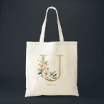 Tote Bag Faux Gold Foil Floral Lettre U Monogram Bridesmaid<br><div class="desc">Sac fourre-tout floral féminin et élégant avec des illustrations d'aquarelle de fleurs,  de verdure et de faux monogramme de feuille. Personnalisez en ajoutant un nom ou une courte phrase. Ce sac en toile florale U monogramme lettre sera parfait comme cadeau personnalisé.</div>