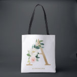 Tote Bag Faux Gold Foil Joli Floral Lettre A Monogramme<br><div class="desc">Sac fourre-tout floral féminin et élégant avec des illustrations d'aquarelle de fleurs,  de verdure et de faux monogramme de feuille. Personnalisez en ajoutant un nom ou une courte phrase. Ce sac fourre-tout floral monogramme sera parfait comme cadeau personnalisé.</div>