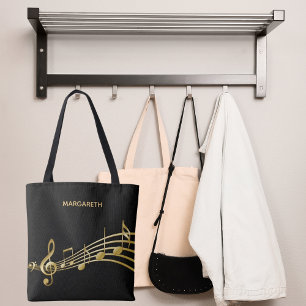Tote Bag Faux notes de musique or sur fond noir chic
